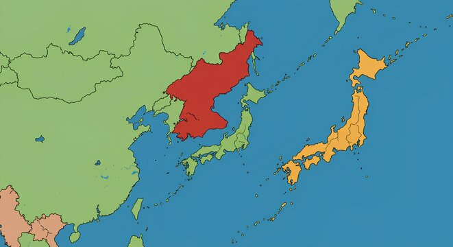 Map of East Asia Highlighting North Korea and Japan, Displaying Geopolitical Borders