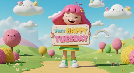 Fototapeta premium Cute Cartoon Girl with Pink Hair Holding 