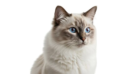Close-Up of a Ragdoll Cat with Piercing Blue Eyes Looking Sideways on Isolated White Background