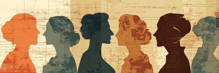 Silhouette Art Showcasing Influential Women Leaders Throughout History on a Textured Timeline Background