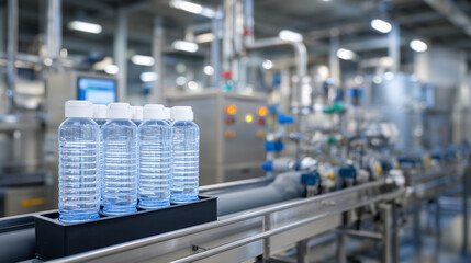 Naklejka premium Close-up of reverse osmosis water purifier with multiple clear bottles filled to the brim, surrounded by stainless steel pipes and control panels in a sterile industrial setting