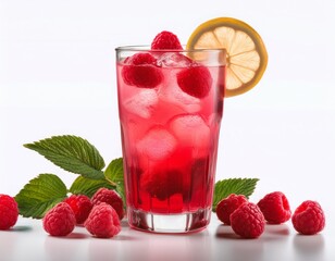 a glass of sweet raspberry lemonade isolated on a white background highlighting a fruity drink