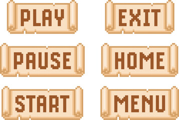Set of pixel old scrolls with different inscriptions for game interface.