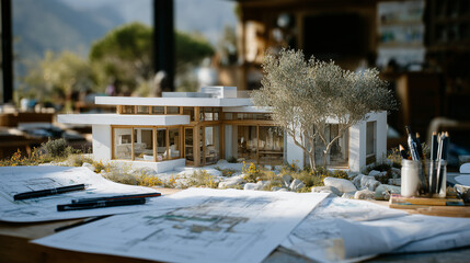 Residential architecture design concept featuring a small modern house model placed over structural diagrams, surrounded by pens, protractors, and notes