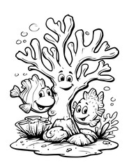 A coral reef with smiling sea creatures peeking out, cartoon outline style, coloring book format, no background, viewed from a distance with dramatic sea spray