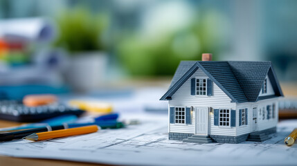 Residential architecture design concept featuring a small modern house model placed over structural diagrams, surrounded by pens, protractors, and notes