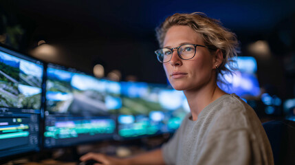 Side angle of focused woman editing cinematic footage across ultra-wide dual monitors, LED lights casting neon reflections in a dark, high-performance video editing studio