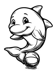 A dolphin balancing a ball on its nose, happy face, thick black cartoon lines, coloring page format, under golden hour light in open waters
