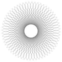 Circular frame-shaped element formed by intertwining, sinuous, thin black lines