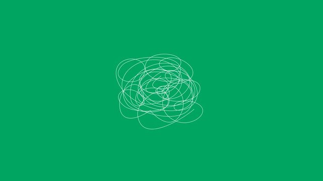 Abstract chaotic hand drawn scribble line seamless loop animation in white on green screen. 4K animated for motion graphics, infographics, mental health, psychology, brainstorm, and stress.