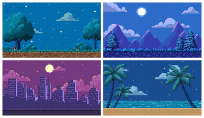 Pixel art 8 bit arcade video game background vector set, cityscape, palm beach and nature landscape summer night scenes © sabelskaya
