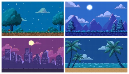 Fototapete Rund Warmes Lila Pixel art 8 bit arcade video game background vector set, cityscape, palm beach and nature landscape summer night scenes  © sabelskaya