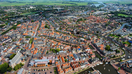 Aerial view of the old town of the city Sneek in the Netherlands on a sunny day in summer	
