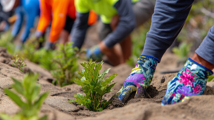 Naklejka premium Coastal reforestation scene with close-up on rows of young trees sprouting from the sand, colorful gloves and eco-tools partially visible around each plant
