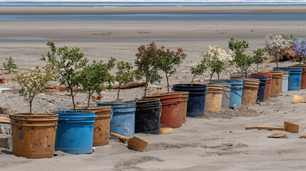 Naklejka premium Tree seedlings swaying gently on the sandy shore, with imprints of tools and buckets surrounding them, capturing the essence of environmental activism and regeneration
