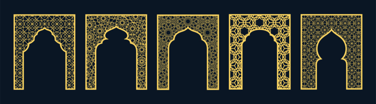 Golden Islamic arch gate Arabic beautiful arabesque pattern oriental style, traditional Ramadan door frame vector set