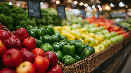 Bright greengrocer shop with symmetrical display of apples, bell peppers, and greens; a poster frame in the foreground stands ready to showcase seasonal specials or health tips