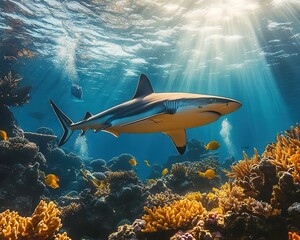 Fototapeta premium Shark gliding near coral reefs, underwater view with sunlight streaks and vibrant marine life