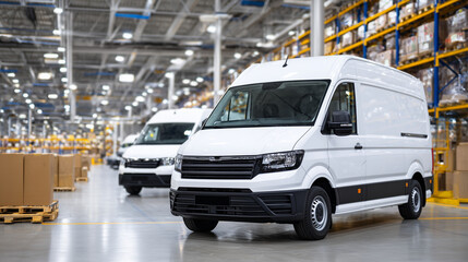 Neatly arranged white fleet vans inside bright warehouse environment, each vehicle spotless and equipped for transport, conveying reliability and professionalism