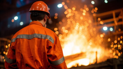 Wide shot of a metallurgical plant with worker in vivid orange workwear near a blazing furnace, intense heat waves and sparks fill the air during aluminum smelting process