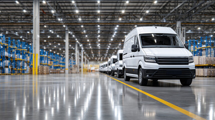 Warehouse fleet staging area featuring a symmetrical lineup of white vans, polished floors reflecting bright LED lights, conveying preparedness for mass deliveries