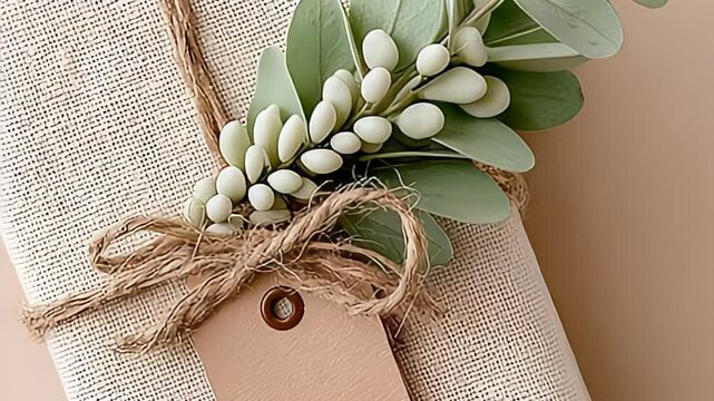 A beautifully wrapped eco-friendly gift with natural jute twine and artificial white berries on linen fabric. The design symbolizes sustainability, elegance, and handmade aesthetics.