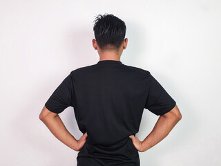 Concept of Back View of a Man in Black Shirt on White Background