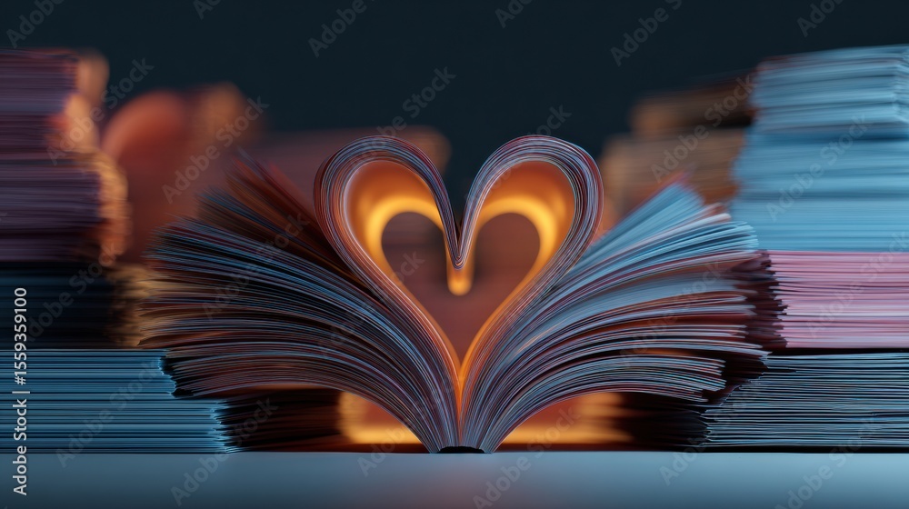 Poster Stacked Books Illuminated by a Glowing Heart Shape in the Center Create a Warm, Inviting Atmosphere for Readers