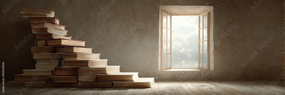 Poster books stacked to create a staircase leading to a sunny open window in a quiet room