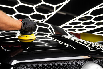 Paint polishing in active motion. Detailing car for sealant or ceramic application. Paint polishing...