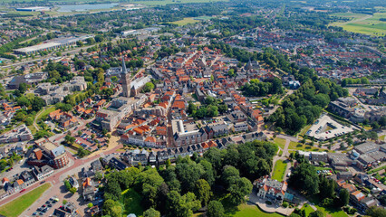 Aerial view of the old town of the city Steenwijk in the Netherlands on a sunny day in summer	