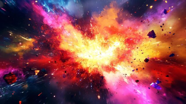 A cyberpunk explosion with neon holographic fragments