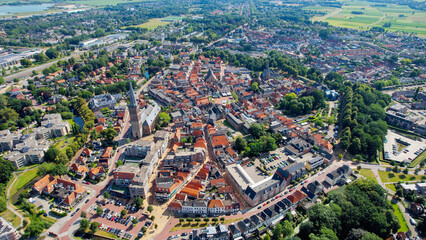 Aerial view of the old town of the city Steenwijk in the Netherlands on a sunny day in summer	