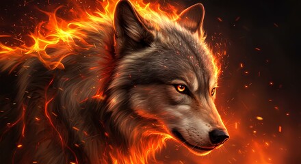 Naklejka premium Fiery Wolf with Glowing Orange Eyes Amidst Sparks on Dark Background, embodying strength and danger.