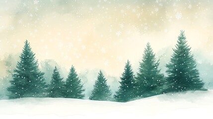 Snowy Winter Forest with Evergreen Trees and Falling Snowflakes in Soft Pastel Colors