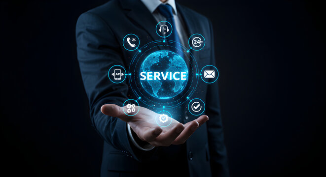 A businessman offers comprehensive digital service solutions with a glowing global interface.