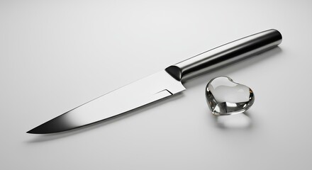 Sharp Silver Kitchen Knife Next to a Clear Glass Heart Decoration, Isolated White Background