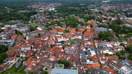 Aerial view of the old town of the city Lingen in Germany on an overcast day
