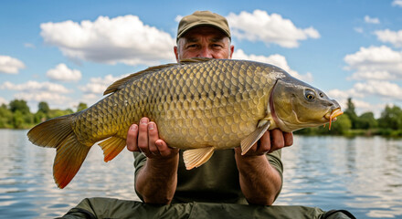 Fisherman holding large common carp. Man proudly displays impressive catch near lake.  Successful fishing trip image for outdoor magazines and websites.