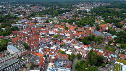 Aerial view of the old town of the city Lingen in Germany on an overcast day
