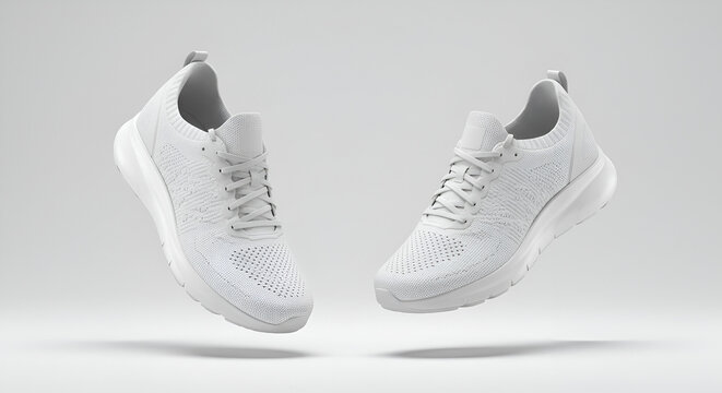 Floating White Knit Sneakers Modern Athletic Footwear on Light Background.