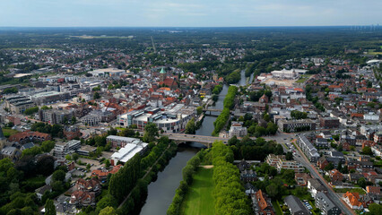 Aerial view of the old town of the city Rheine in Germany on an overcast spring day