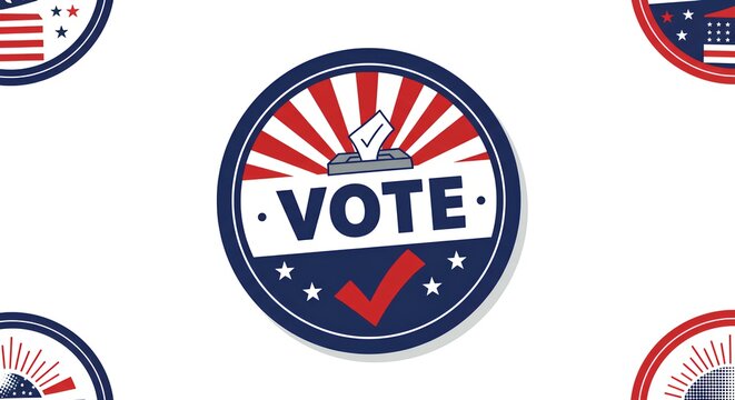 Vote Election Badge with Ballot Box and Checkmark, American Patriotic Symbol on Isolated White Background