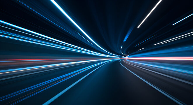 Abstract light trails in a tunnel, conveying speed and motion blur effect
