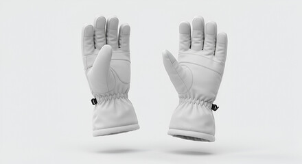 Floating White Winter Gloves 3D Render of Stylish Insulated Ski Gloves with Adjustable Cuffs.