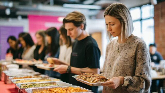 Buffet food line with people and group serving themselves from trays of hot dishes in bright, casual indoor setting, creating friendly, social atmosphere with anticipation and enjoyment