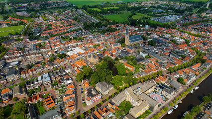 Aerial view of the old town of the city Franeker in the Netherlands on a sunny day in summer	
