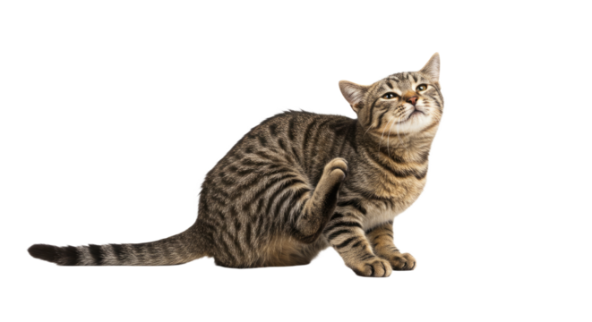 Tabby Cat Scratching Isolated on White.