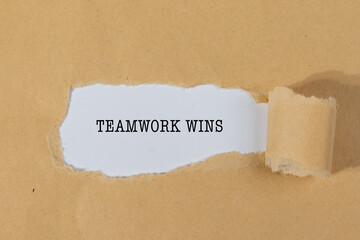 The Text “TEAMWORK WINS” Appearing Behind Torn Brown Paper – Corporate Culture Concept