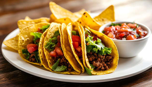plate with taco, nachos chips and tomato dip